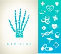 Medical logo. Caduceus, teeth, heartbeat, pills and capsules, dna chain, human brain and syringe.